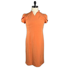 Nanette Lepore Peachy Orange Pencil Dress Tulip Sleeves Ruffle V-Neck Sz 8 2/$50